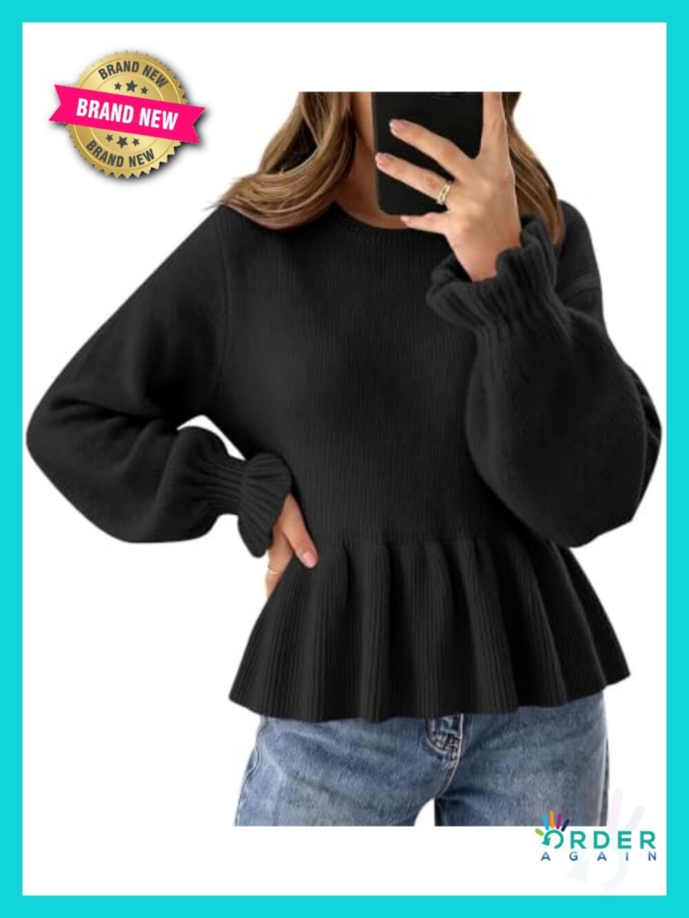 Cropped Sweater Knit Babydoll Peplum Long Sleeve Crewneck Top